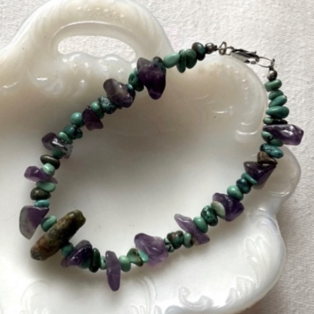 8” BRACELET AMETHYST TURQUOISE 925 Vintage Hand-Crafted Sterling Silver